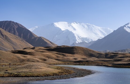 Mountains reflected in a small mountain lake, Pik Lenin, Trans Alay Mountains, Pamir Mountains, Osh Province, Kyrgyzstan