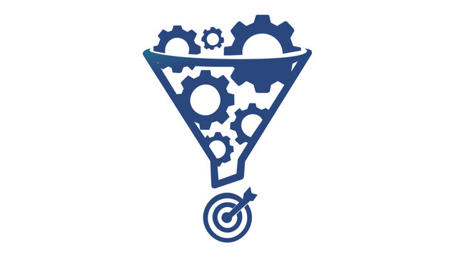 Sales pipeline vector illustration featuring a funnel filled with gears leading to a target, symbolizing B2B lead conversion, business process optimization, and strategic marketing automation.