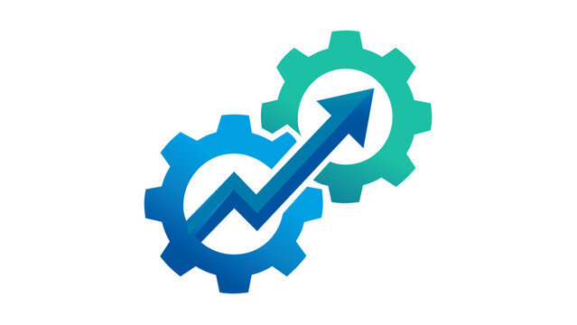 Professional B2B sales performance vector icon illustration with interlocking gears and an upward growth arrow, representing business strategy, industrial efficiency, and market success.