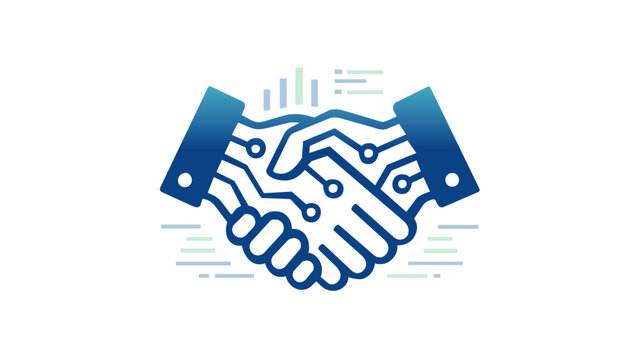 Modern digital handshake vector icon illustration for B2B sales and technology partnerships. Features circuit board patterns and data charts, representing AI-driven business deals and innovation.