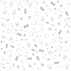 Obraz premium Seamless Computer Hardware Pattern with Monitor, Mouse, Keyboard, and Laptop Monochrome Tech Line Art