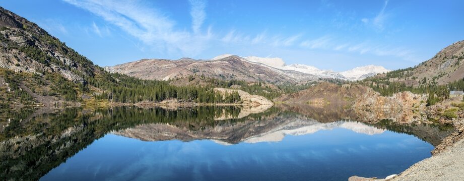 Mountains, landscape, reflection in water, Lake Ellery, Tioga Road, Inyo National Forest, Mono County, California, USA
