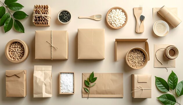 Eco-friendly packaging materials and sustainable shipping supplies on beige surface including various types of brown paper bags boxes envelopes and natural products for green business solutions.