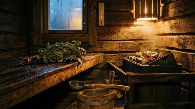 A serene Scandinavian sauna interior at dusk, rough-hewn spruce benches steaming gently as water hits a pile of glowing heated stones, a birch branch bundle resting on the upper