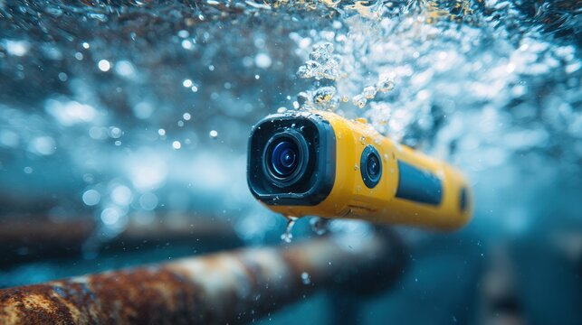 Yellow action camera underwater recording pipeline inspection, closeup composition with rising bubbles, diffused sunlight, murky blue water, metal pipe with barnacle growth, rugged mounting bracket,