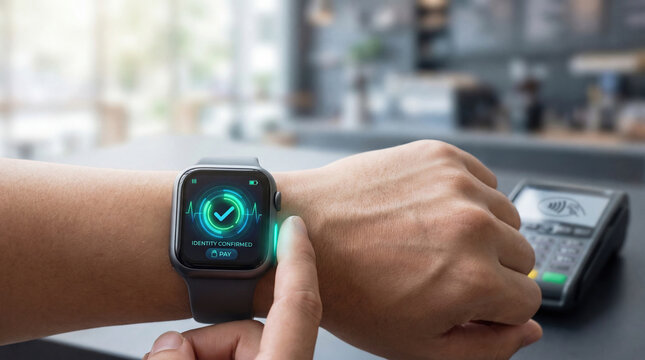 Smartwatch biometric authentication contactless payment technology wrist digital futuristic secure modern wearable pulse high fidelity scanning