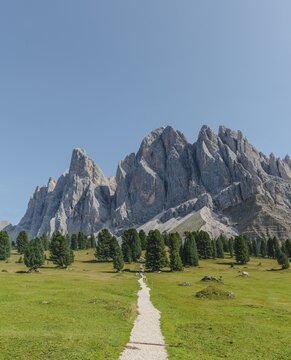 Hiking trail near the Gschnagenhardt Alm, Villn&ouml;&szlig; valley below the Geisler Peaks, behind the Geisler Group, Sass Rigais, Dolomites, South Tyrol, Italy