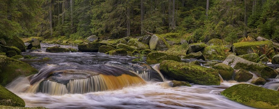 Waterfall at the Vydra with huge boulders in the riverbed, panorama, Sumava National Park, &Scaron;umava, Czech Republic
