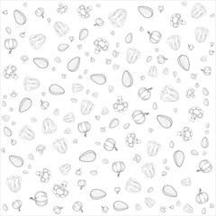 Fototapeta premium Seamless Hand Drawn Pattern with Pumpkin, Bell Pepper, Broccoli and Seeds Monochrome Vegetable Line Art