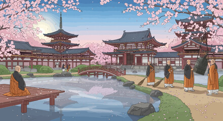 Buddhist Monks Walking by Water Pond. © iyawanz