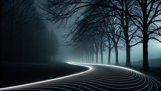 Mysterious winding road through a dark forest at night with glowing light, dark path