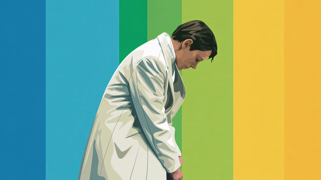 A man in a white coat stands against a vibrant rainbow-colored background with his head bowed.