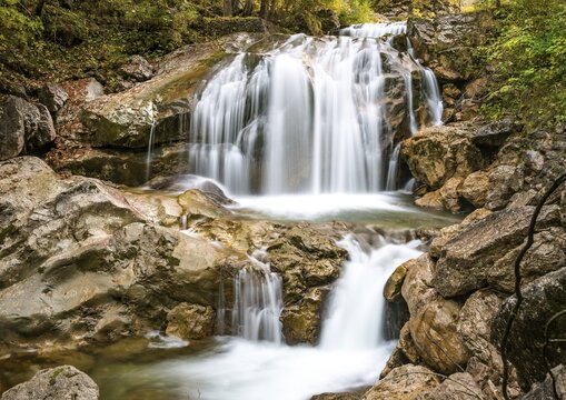 Torrent with waterfall in the P&ouml;llat gorge in autumn, Schwangau, Ostallg&auml;u, Allg&auml;u, Swabia, Bavaria, Germany