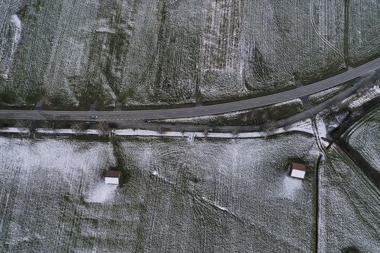 Drone shot, road between fields with hoarfrost, Alpine foreland, Lake Kochel, Upper Bavaria, Bavaria, Germany
