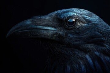 Naklejka premium Close-up portrait of crow with dark blue tones and dramatic lighting