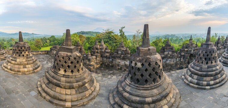 Borobudur temple, stupas, cloudy sky, Borobudur, Yogyakarta, Java, Indonesia