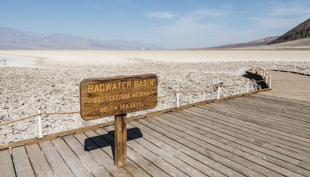 Sign lettering Badwater Basin, the lowest point in North America, Death Valley, Mojave Desert, California, USA