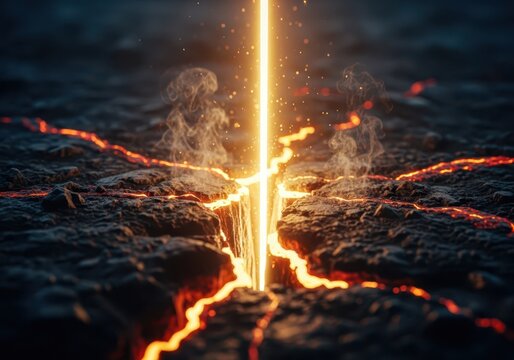 Glowing lava crack in the ground with bright light and smoke