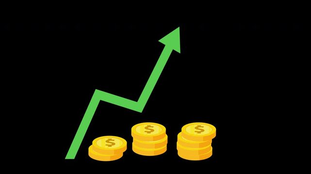 Rising Arrow and Coin Stack Financial Growth Animation Loop with Alpha Channel