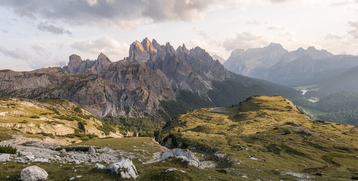 Sunset at Monte Campedelle and Col de le Bisse, Sesto Dolomites, South Tyrol, Trentino-South Tyrol, Alto-Adige, Italy
