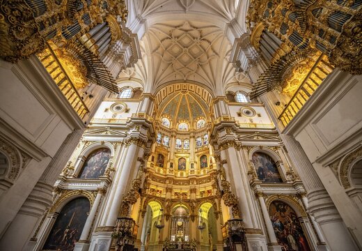 Cathedral, chancel, gilded, ceiling decorated with stucco, Catedral de Granada, Granada, Andalusia
