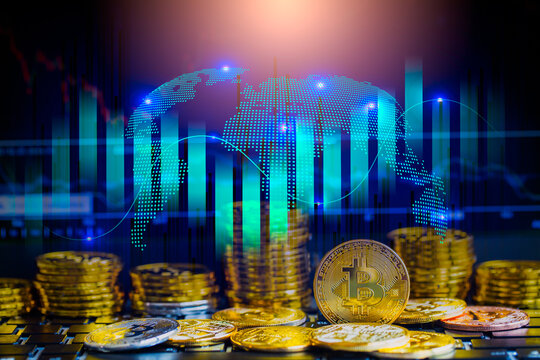 Modern way of exchange. Bitcoin is convenient payment in global economy market. Virtual digital currency and financial investment trade concept. Abstract cryptocurrency with gold bitcoin background.