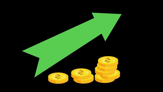 Financial Growth Arrow Animation Rising Over Stacked Coins Loop with Alpha Channel