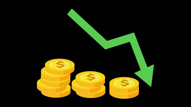 Financial Decline Arrow Animation Falling Over Coin Stacks Loop with Alpha Channel