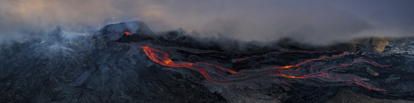 Aerial view, erupting volcano with lava fountains and lava field, crater with erupting lava and lava flow, Fagradalsfjall, Reykjanes Peninsula, Iceland