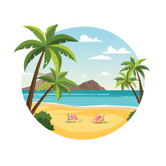 Fototapeta premium Tropical beach scene with palm trees and lounge chairs under sunny skies