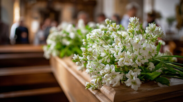 Coffin with white flowers in a chapel during a funeral service with a priest and mourners, grief and remembrance concept, memorial ceremony photography, defocused background, with copy space
