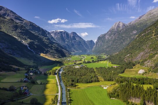 Aerial view, mountain valley lake Oldevatnet, Stryn, Vestland, Norway