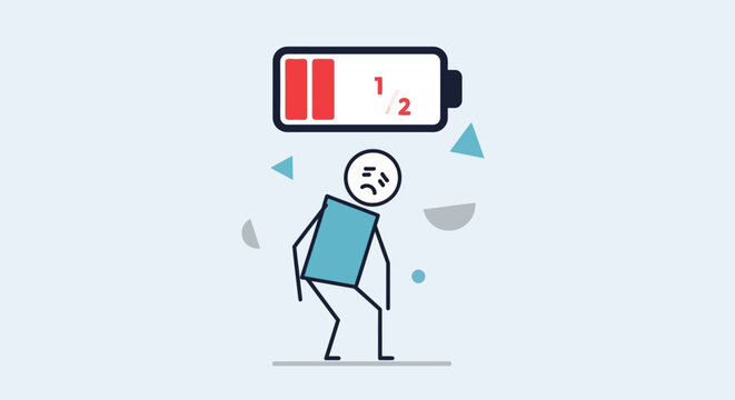 Low battery icon symbolizing exhaustion and low energy levels with a sad stick figure illustration