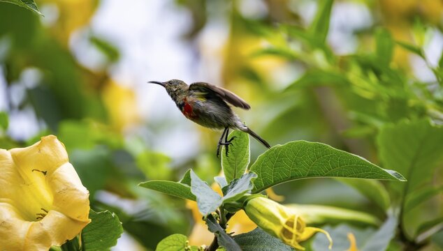 Olive-bellied Sunbird (Cinnyris chloropygius) on take-off, Mgahinga Gorilla National Park, Western Region, Uganda