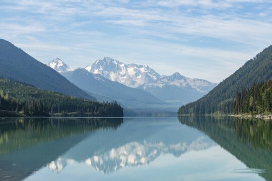 Duffey Lake, snow-capped mountains seal themselves in a lake, Mount Rohr, British Columbia, Canada