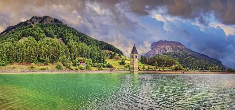 Church tower in Lake Reschen, Graun, Reschen, Trentino-Alto Adige, Italy