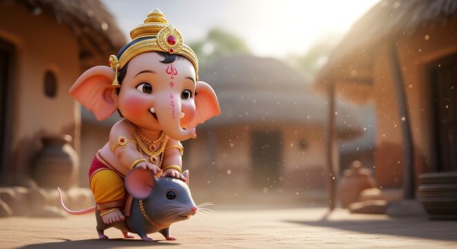 Cute Baby Ganesha Riding Mouse in Village Scene at Sunset