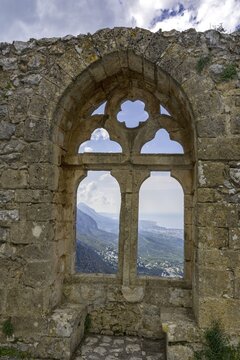 Gothic window, castle ruin St.Hilarion, Girne, district Kyrenia, Turkish Republic Northern Cyprus, Cyprus
