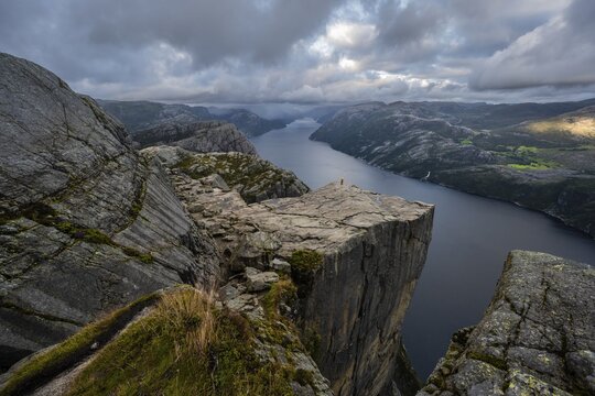 Rock plateau, rock pulpit Preikestolen, Lysefjord, Ryfylke, Rogaland, Norway