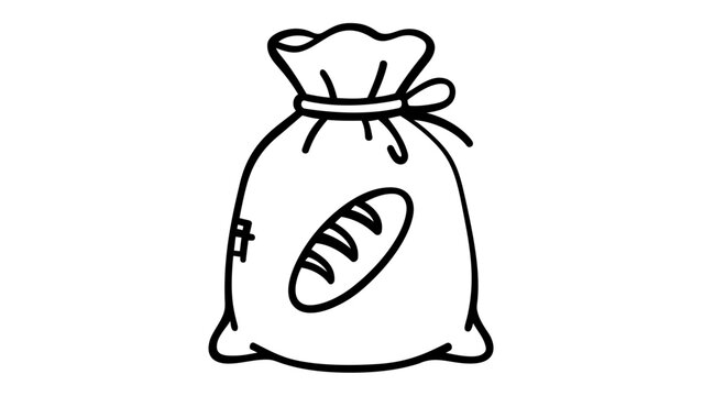 Minimalist flour sack vector icon illustration featuring a bread loaf symbol on a burlap bag, ideal for bakery branding, organic grain packaging, cooking concepts, and food industry graphic design.