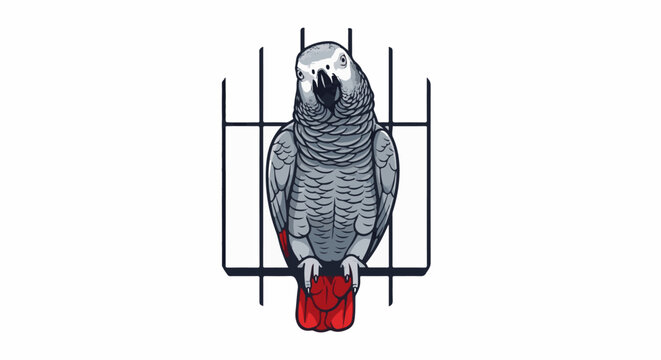 A pixelated gray parrot with red tail feathers sits on a cage bar