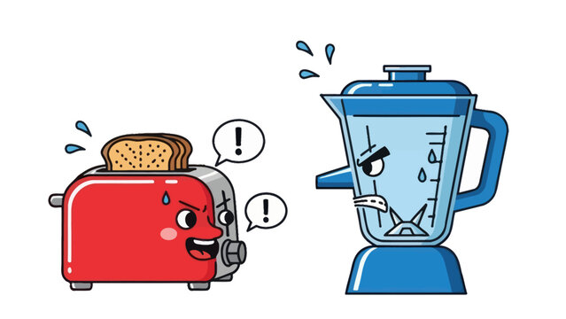 Cartoon toaster and blender characters arguing.