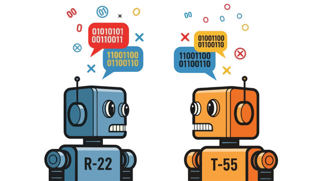 Two cartoon robots talking to each other.