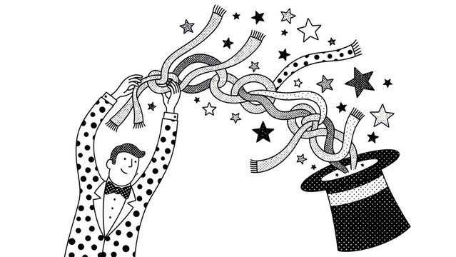 Magician pulling ribbons from hat.