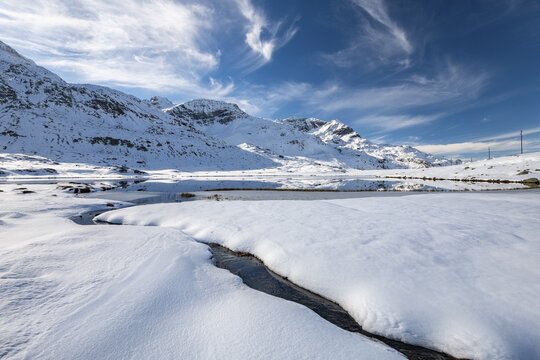 Snowy landscape at the Bernina Pass, Engadin, Grisons, Switzerland