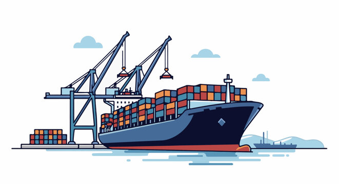 A large cargo ship is docked at a port, being loaded by cranes