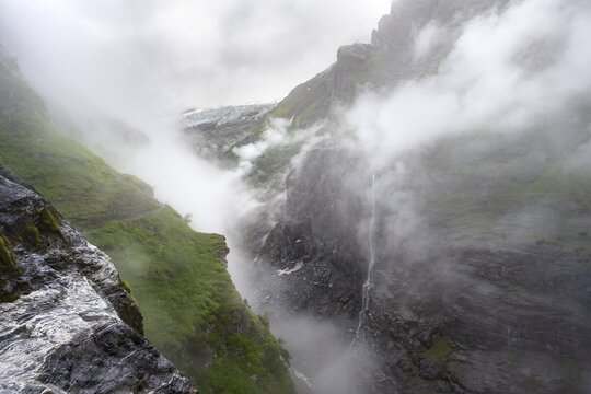 Cloud-covered mystical rock gorge with waterfalls, hike to Berghaus B&auml;regg, Bernese Alps, Bernese Oberland, Switzerland