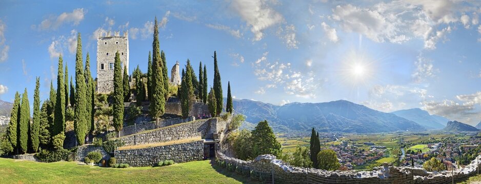 Medieval castle ruins Castello di Arco and valley view to Valle de Sarco, Arco, Lake Garda North, Trento, Trentino-Alto Adige, Italy