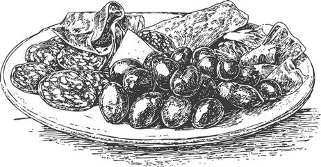 Obraz premium Charcuterie platter with sliced salami, olives, and cured meats on a round plate illustration