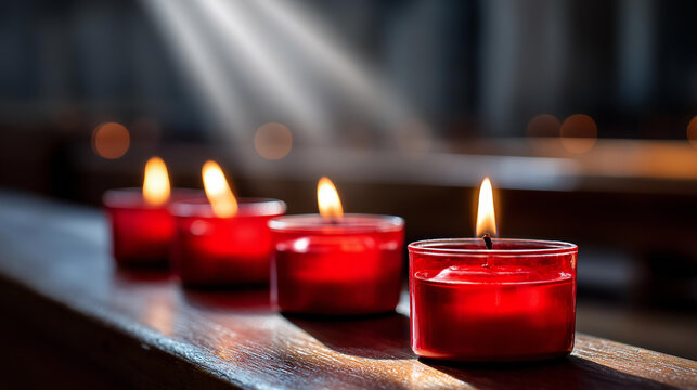 Small red candles burning in a church interior with a beam of light in the background, sacred atmosphere concept, votive candle and faith photography, with copy space